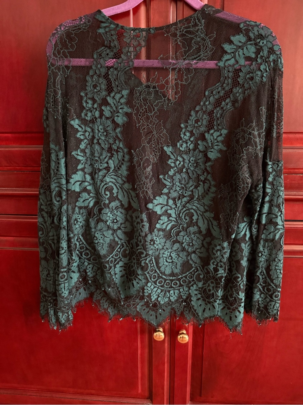 Zara Black Lace Blouse with Dark Green Floral Overlay